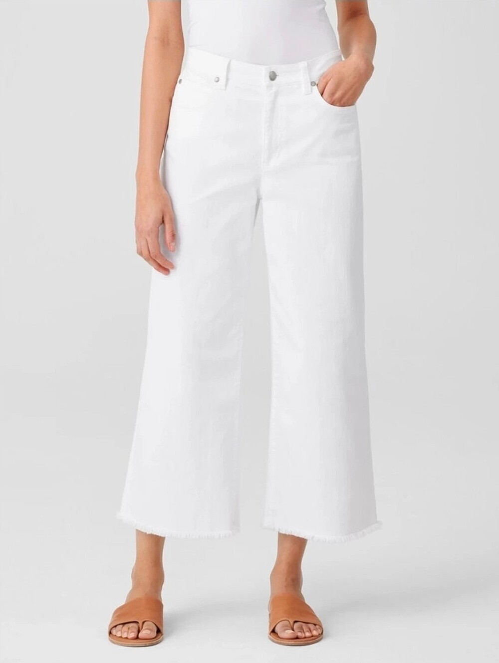 Eileen Fisher Organic Cotton Denim Wide-Leg Jeans In White Cropped Raw Hem Sz XL